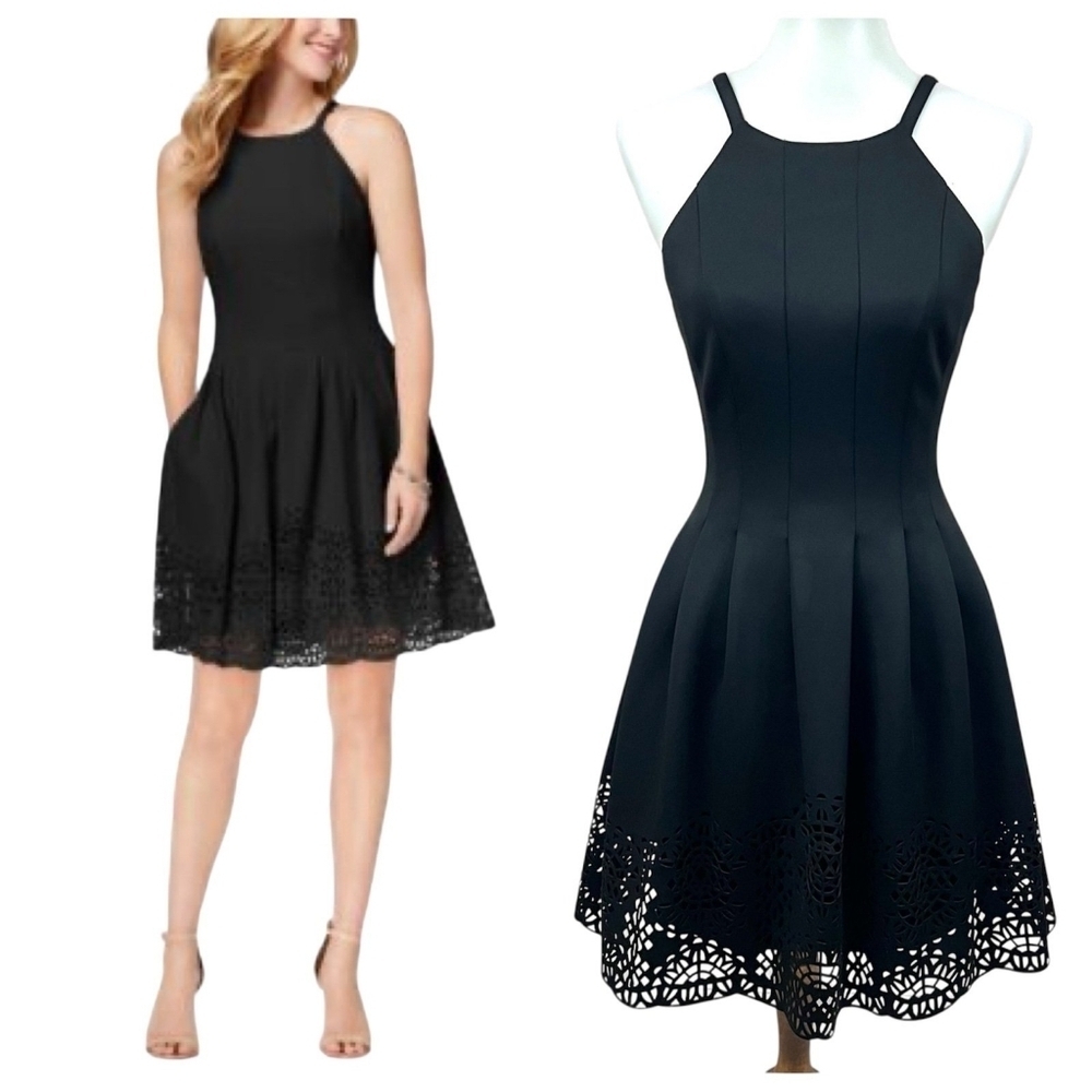 Sz 8 Black Vince Camuto High Neck Laser Cut Scuba Flare Pocket Dress